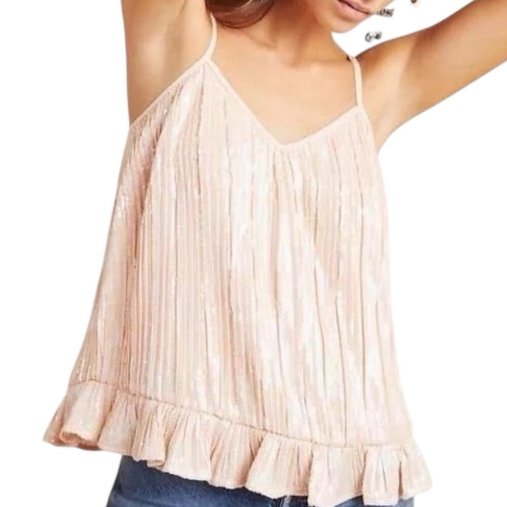 by Anthropologie Amelie Cami Tank Top Womens Size 6 Peach Pink Sequin Ruffle